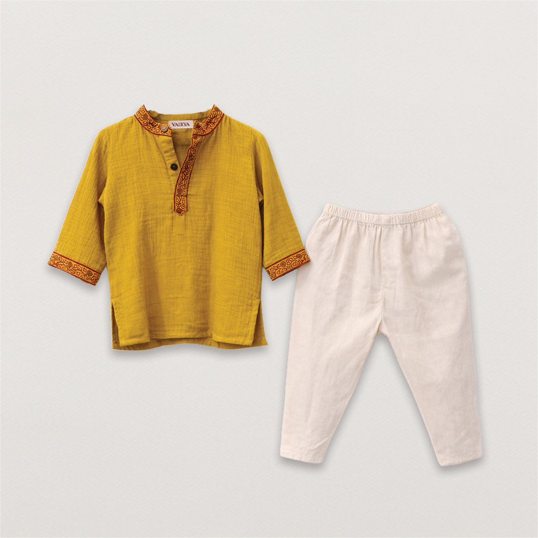 Mustard Collar Block Print Kurta & Pant Set
