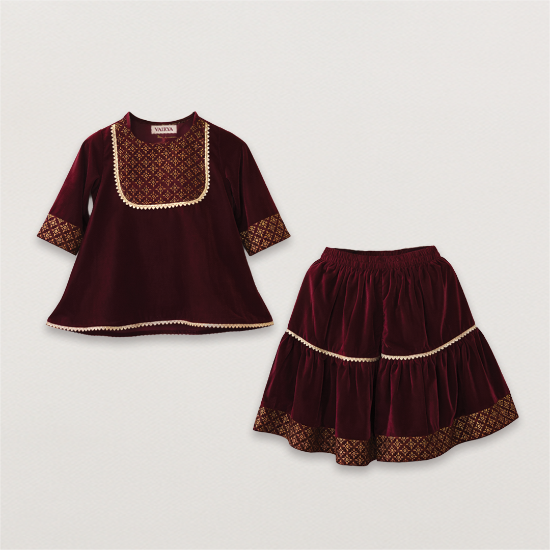 Maroon Velvet Sharara Set