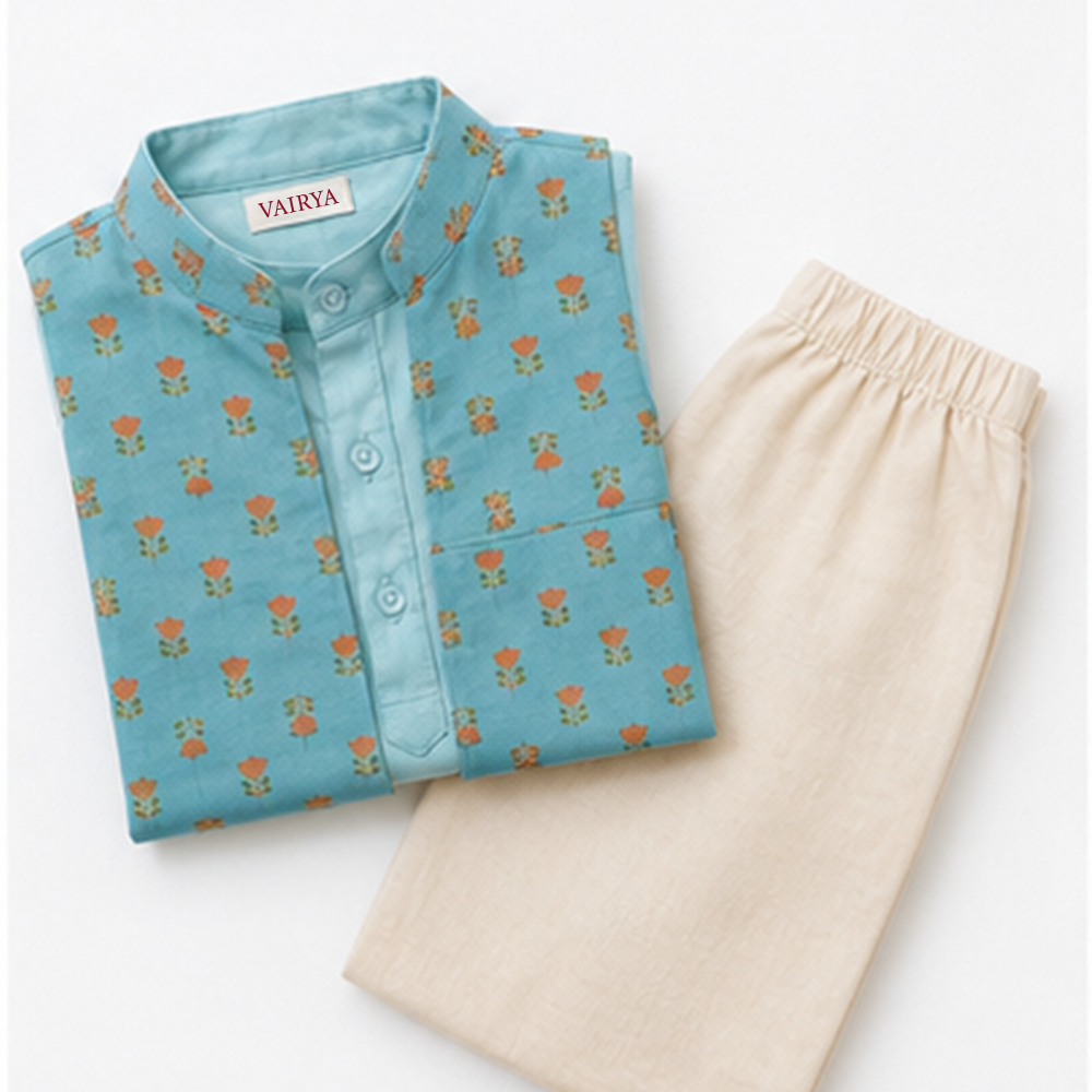 Sky Blue Kurta with Printed Jacket