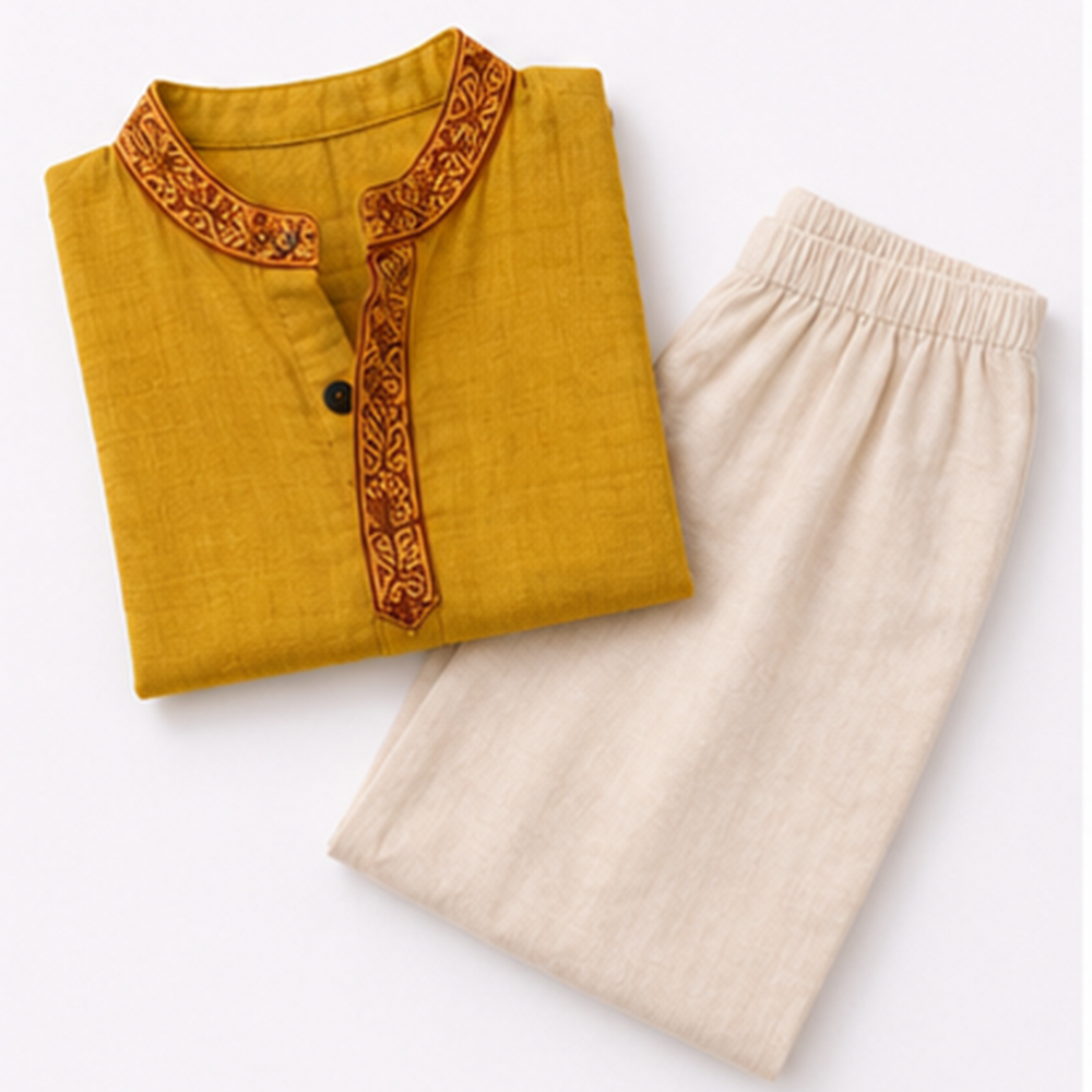 Mustard Collar Block Print Kurta & Pant Set