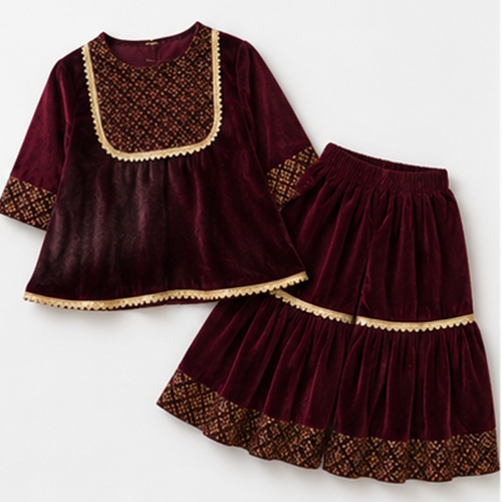 Maroon Velvet Sharara Set
