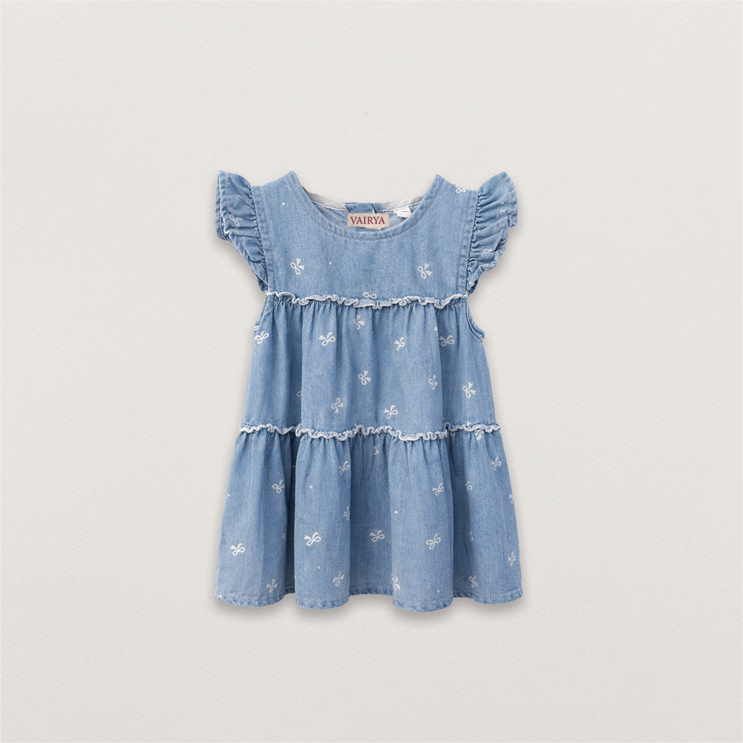 Denim Dress with Bow Print