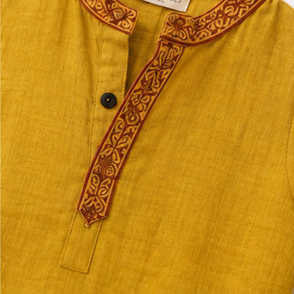 Mustard Collar Block Print Kurta & Pant Set