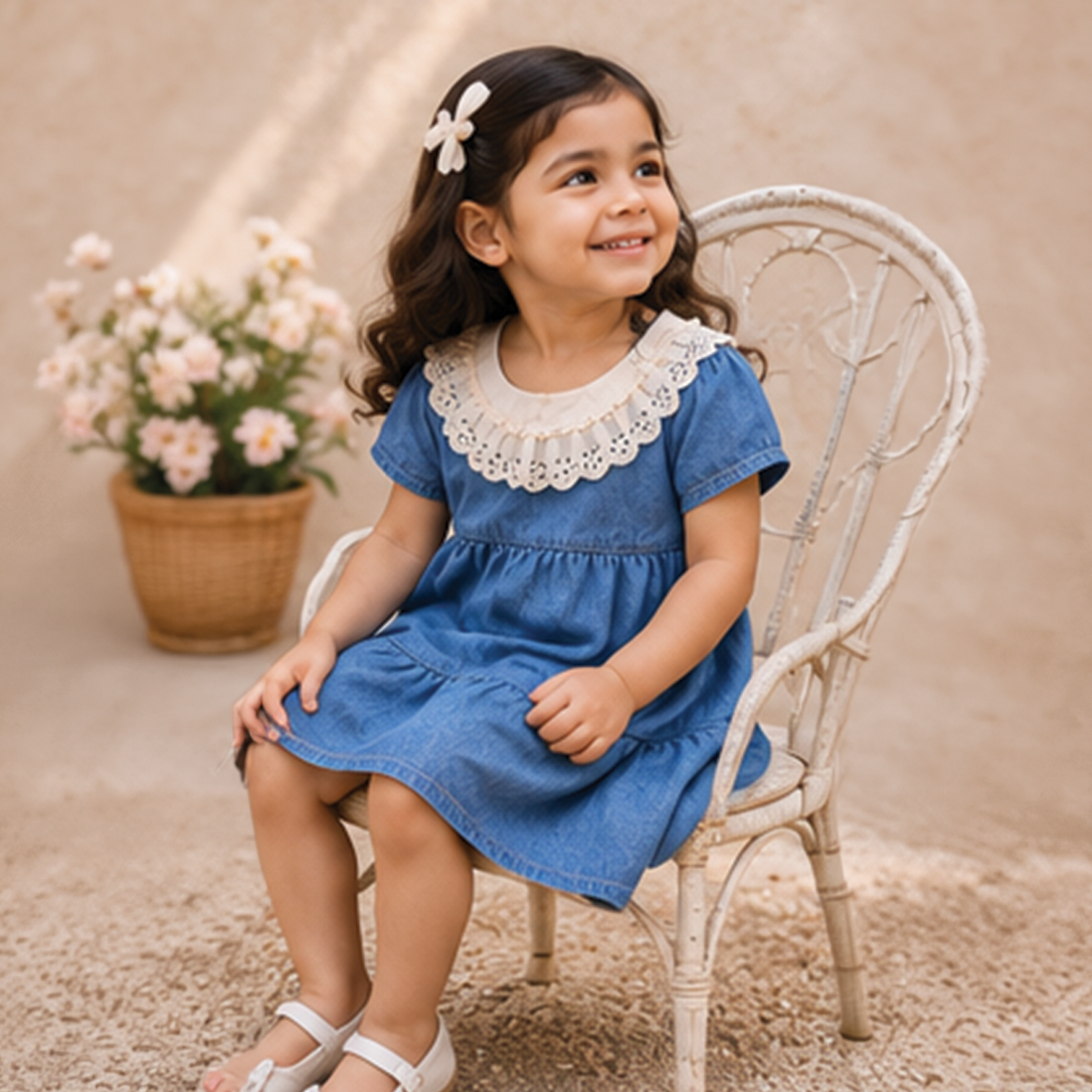 Denim Dress with Lace Collar