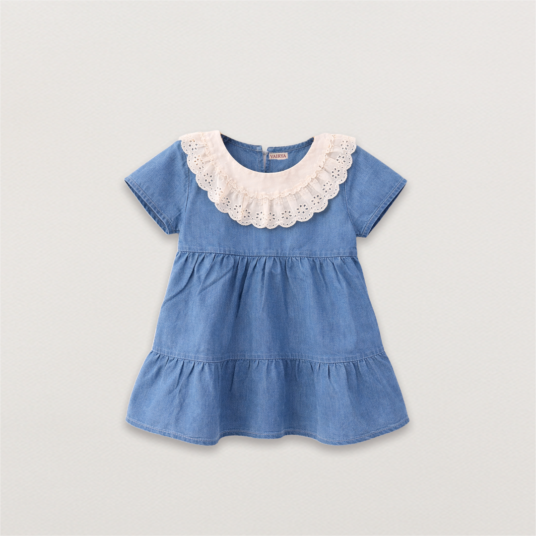 Denim Dress with Lace Collar