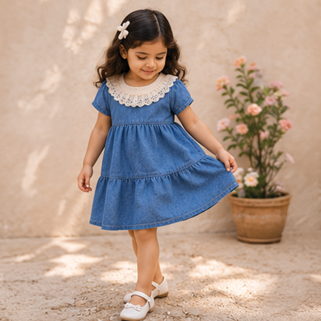 Denim Dress with Lace Collar