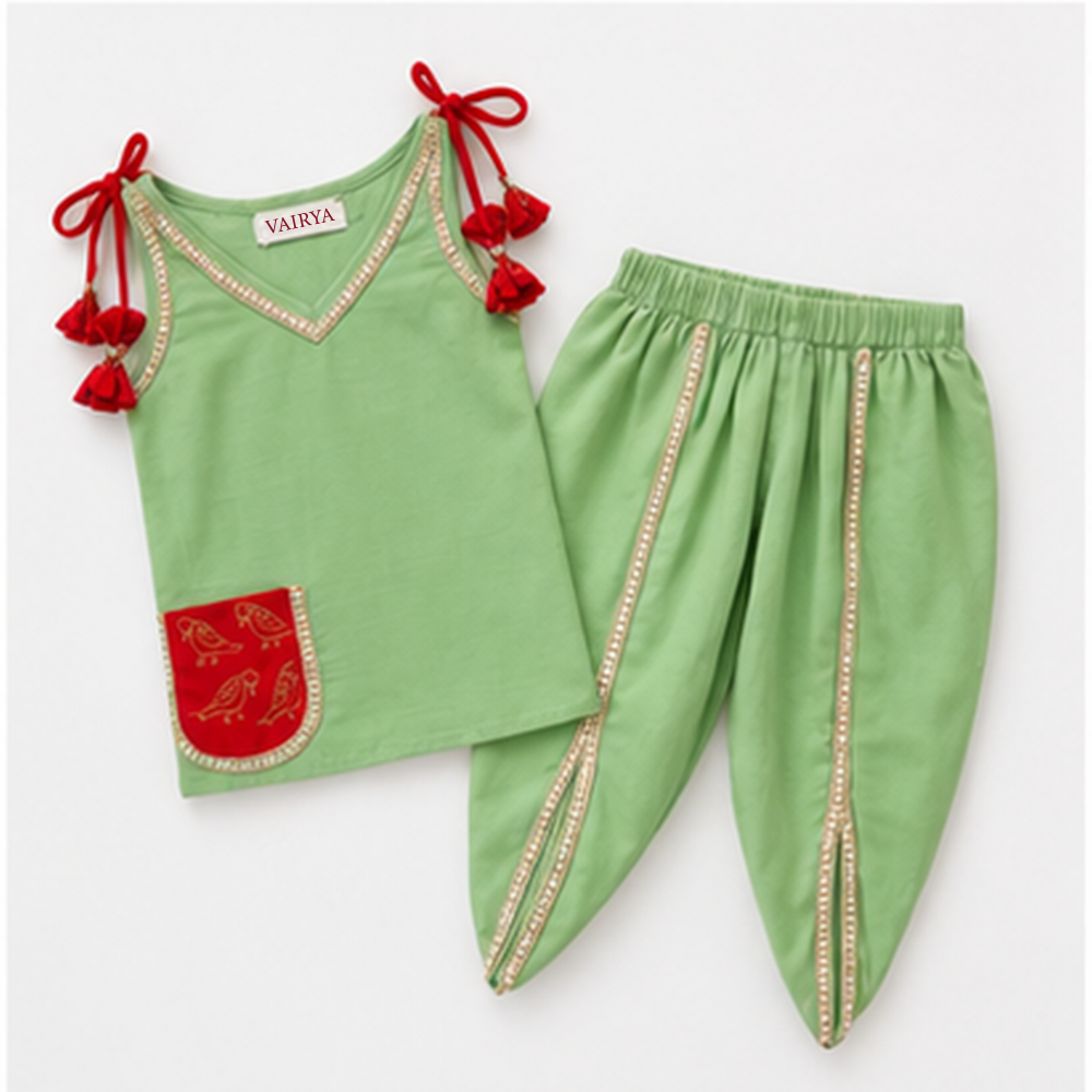 Tie-Up Dhoti Set with Parrot Print