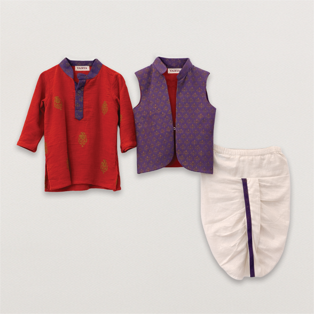 Red Kurta, Jacket & Dhoti Set