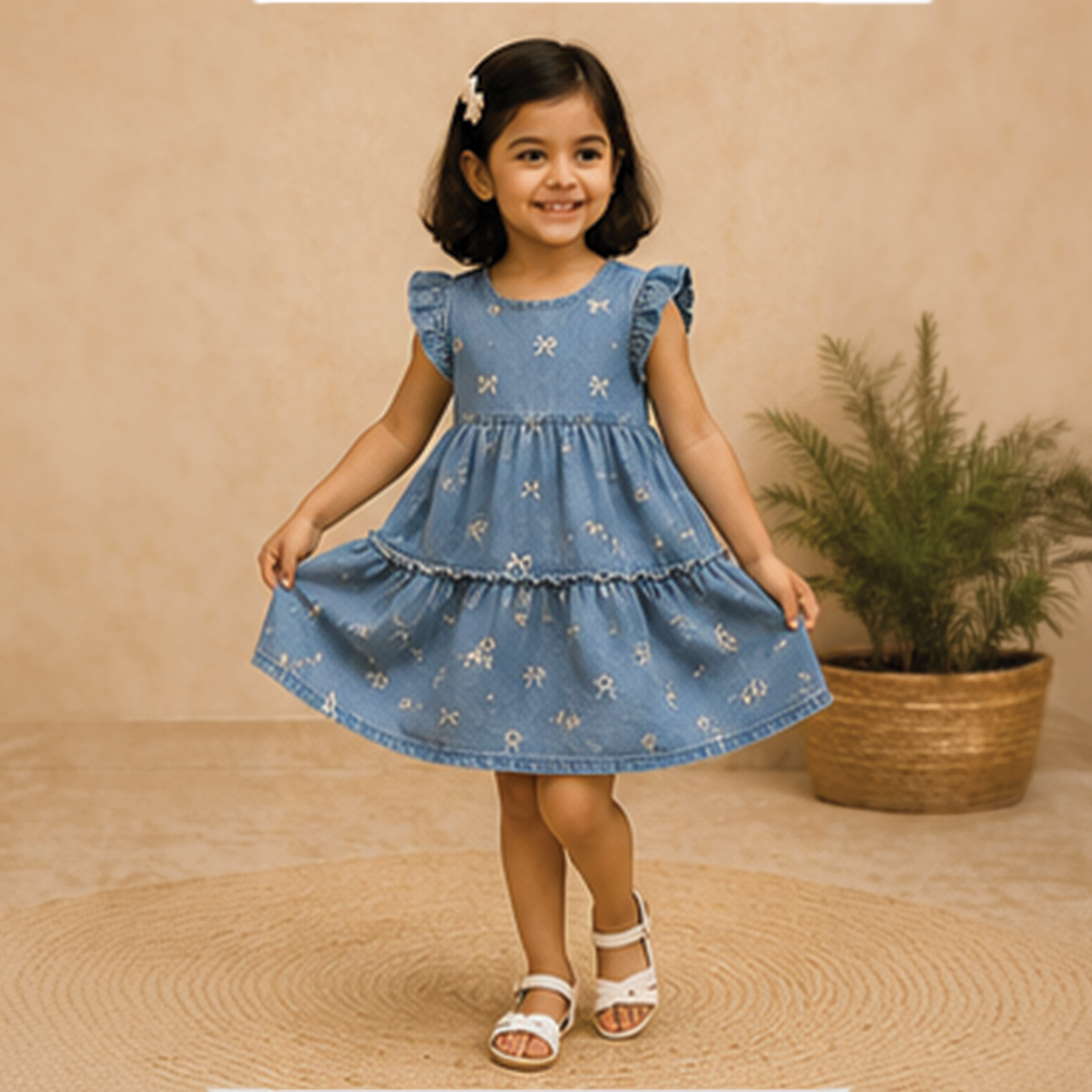 Denim Dress with Bow Print