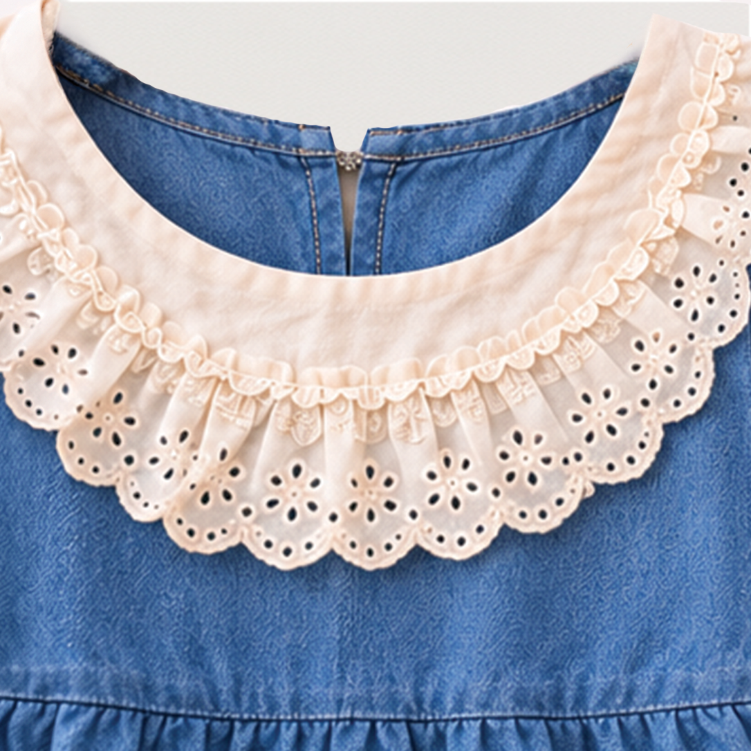 Denim Dress with Lace Collar