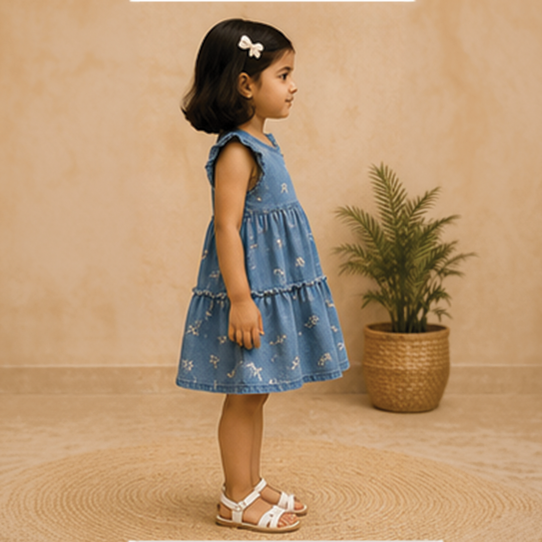 Denim Dress with Bow Print
