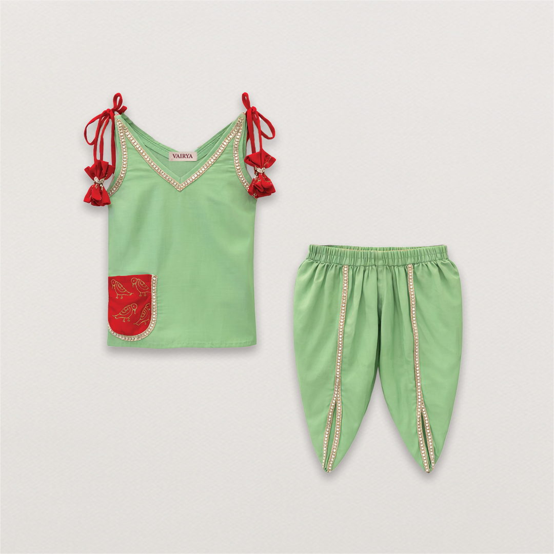 Tie-Up Dhoti Set with Parrot Print